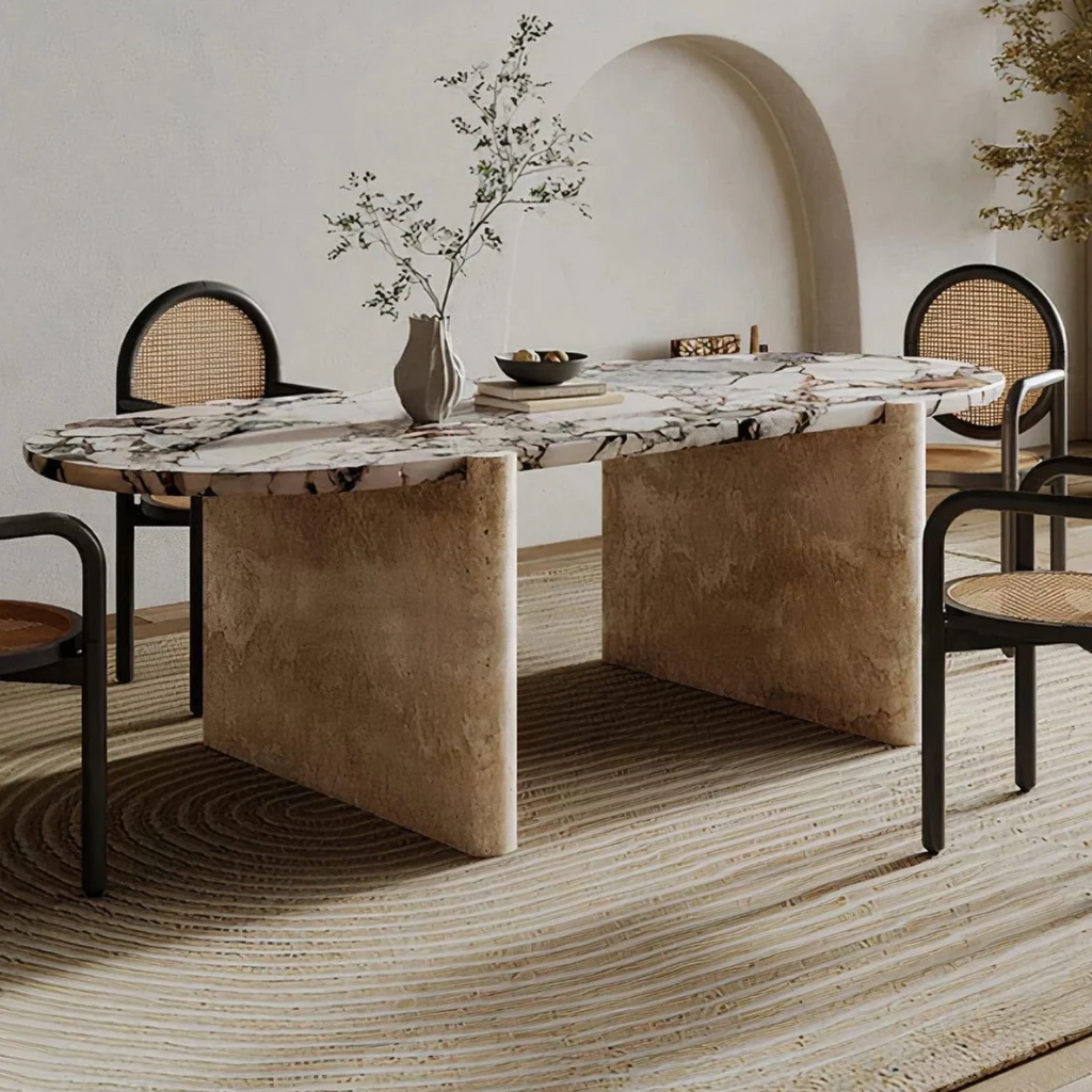 Double Solace – Calacatta Marble & Travertine Dining Table