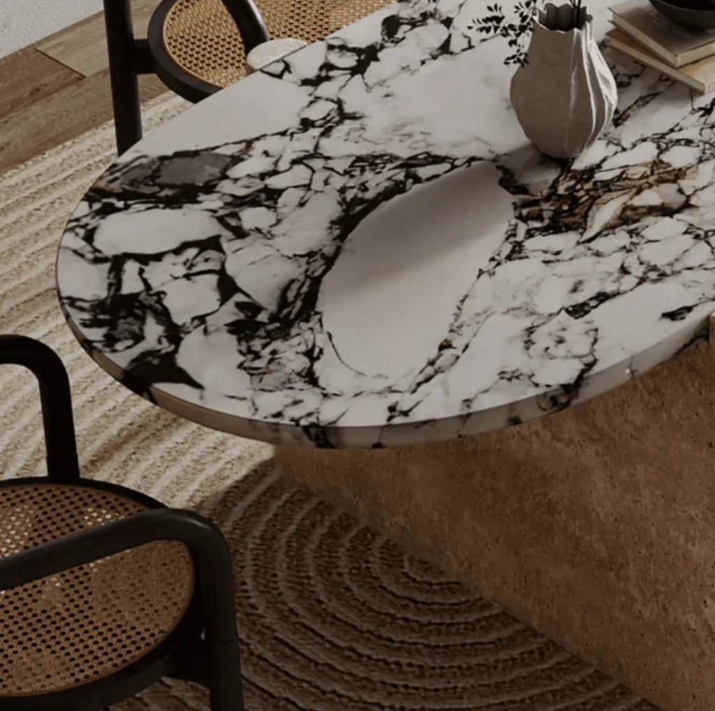 Double Solace – Calacatta Marble & Travertine Dining Table